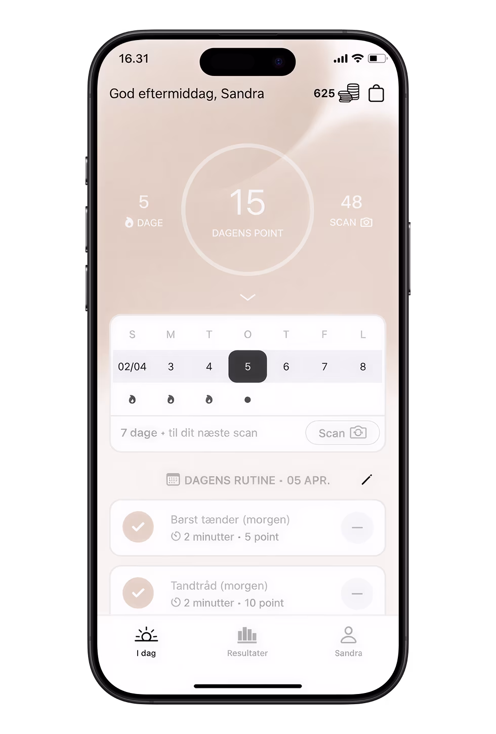 Daily routine with brushing tasks, points, and streak tracking