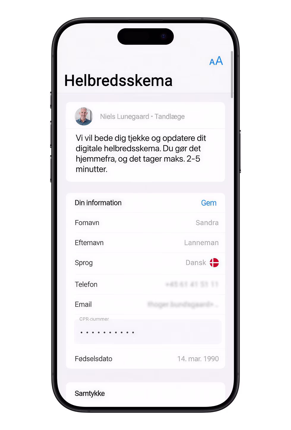 Digital health form with patient details and consent