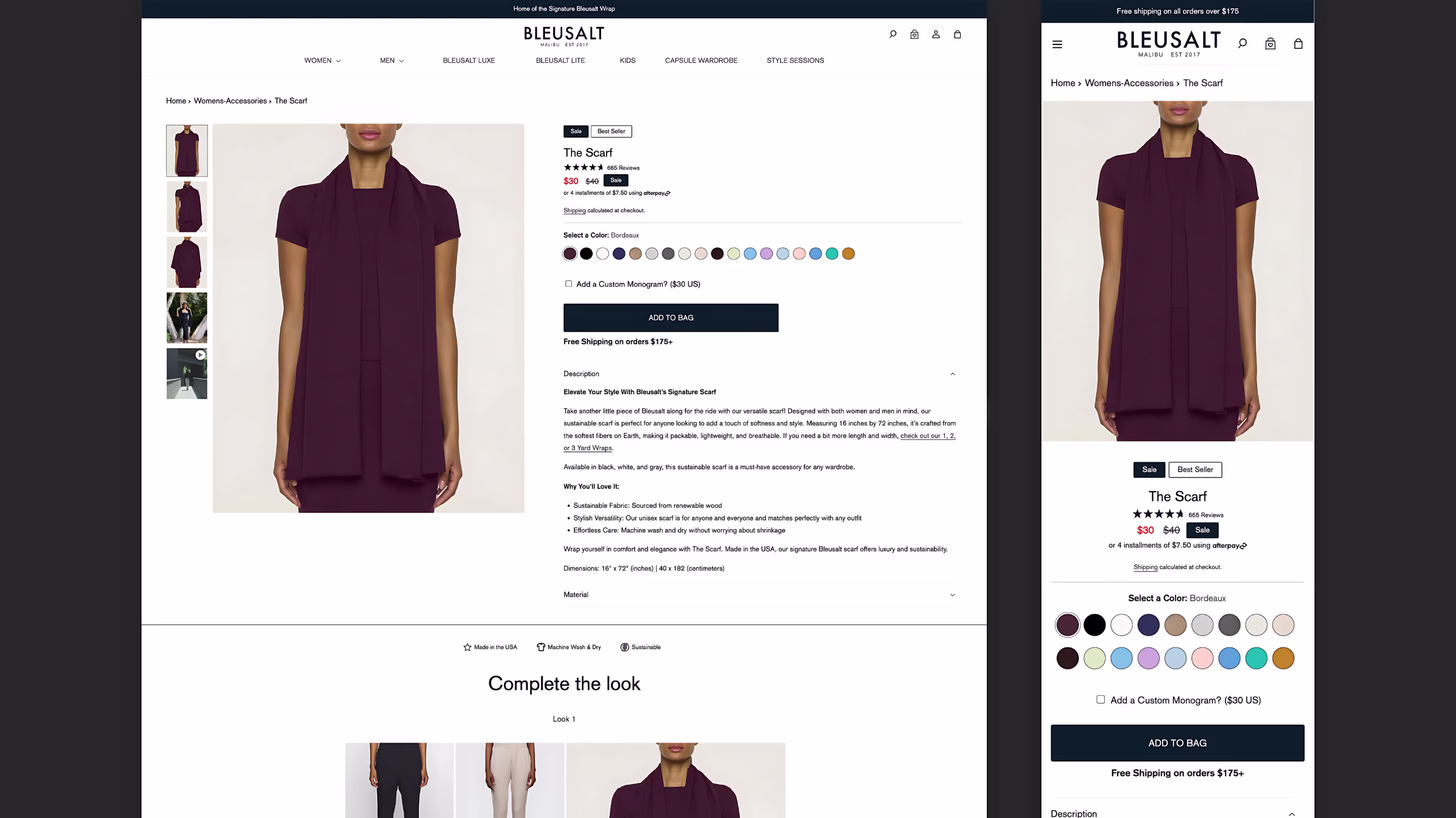 Product page layout with gallery, purchase column, and accordion on desktop and mobile
