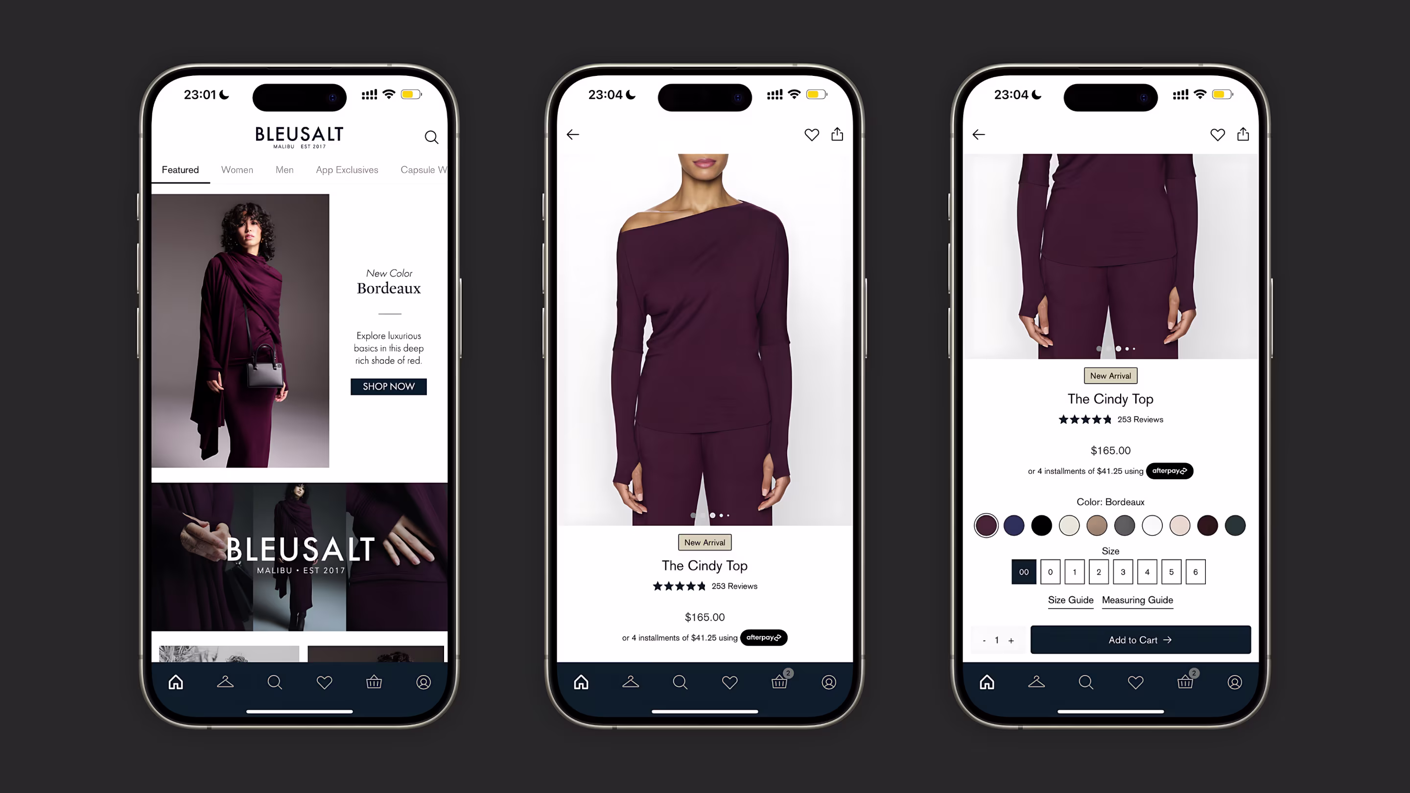 Mobile app featured collection, product detail, and size selection