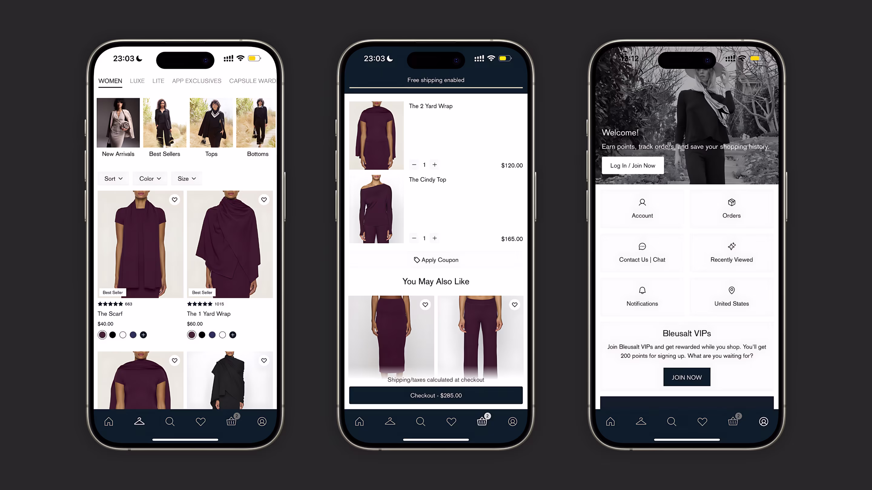 Mobile product grid, shopping bag, and VIP account screen