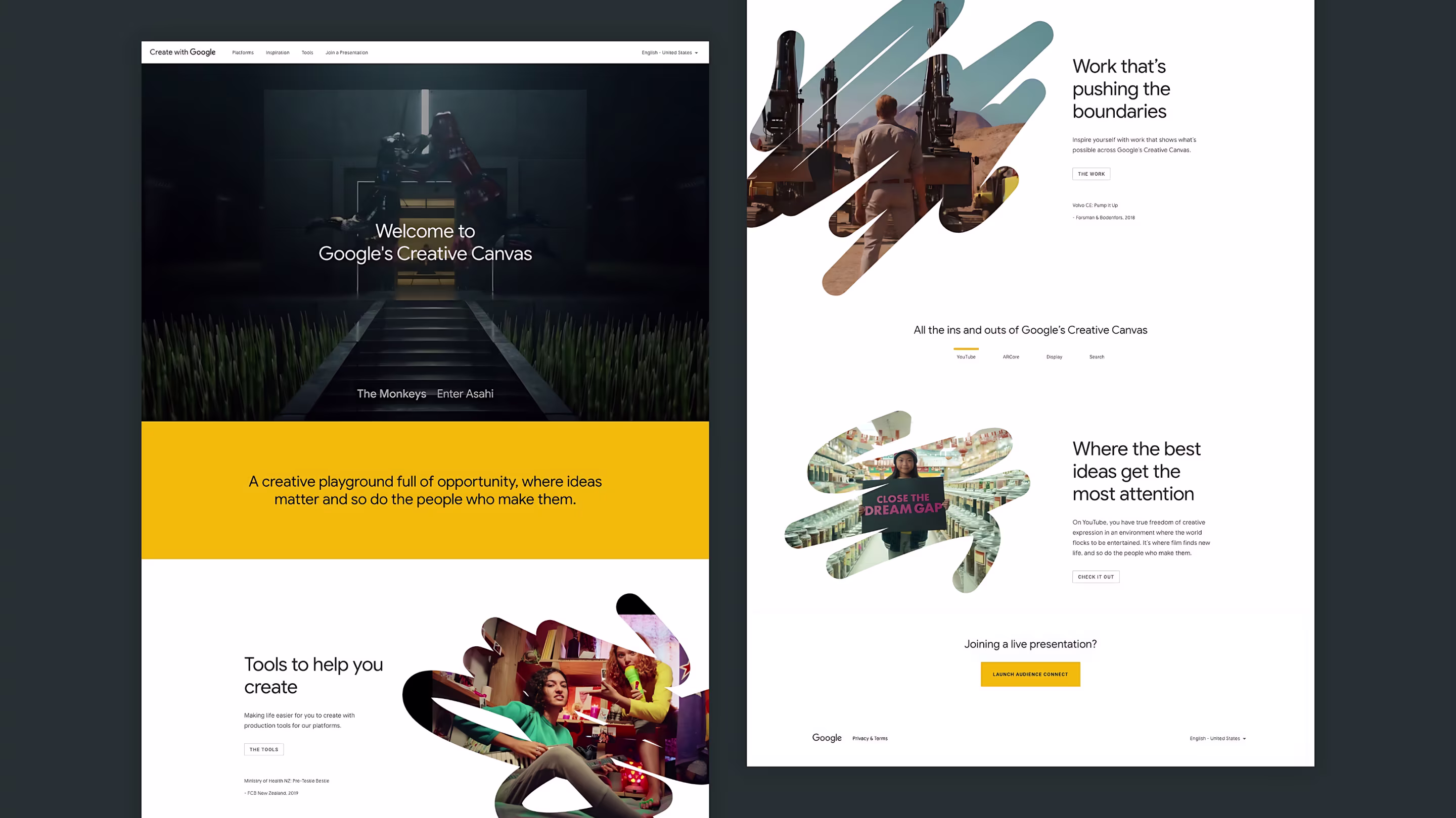 Creative Canvas homepage with tools and work showcases