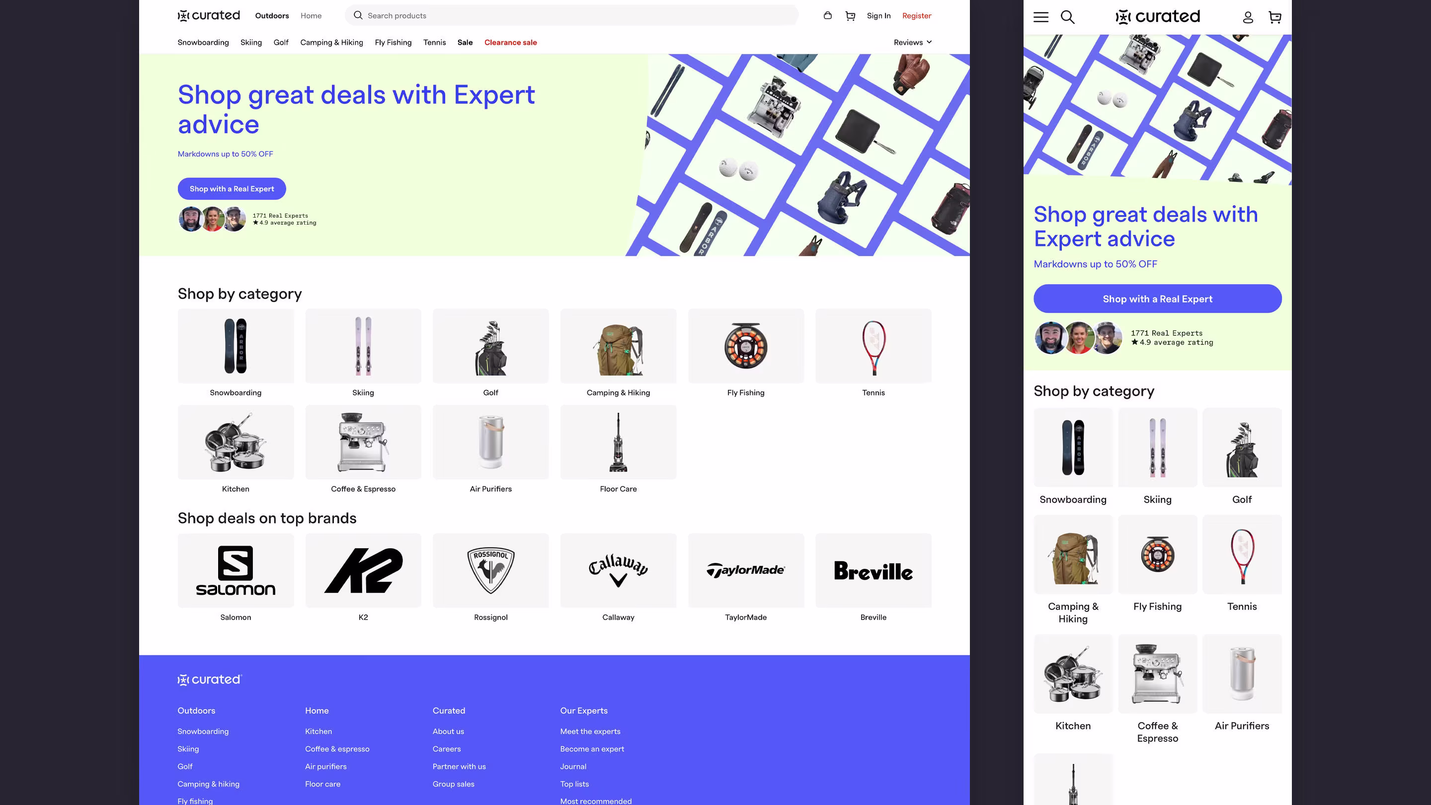 Curated homepage with expert advice and category discovery