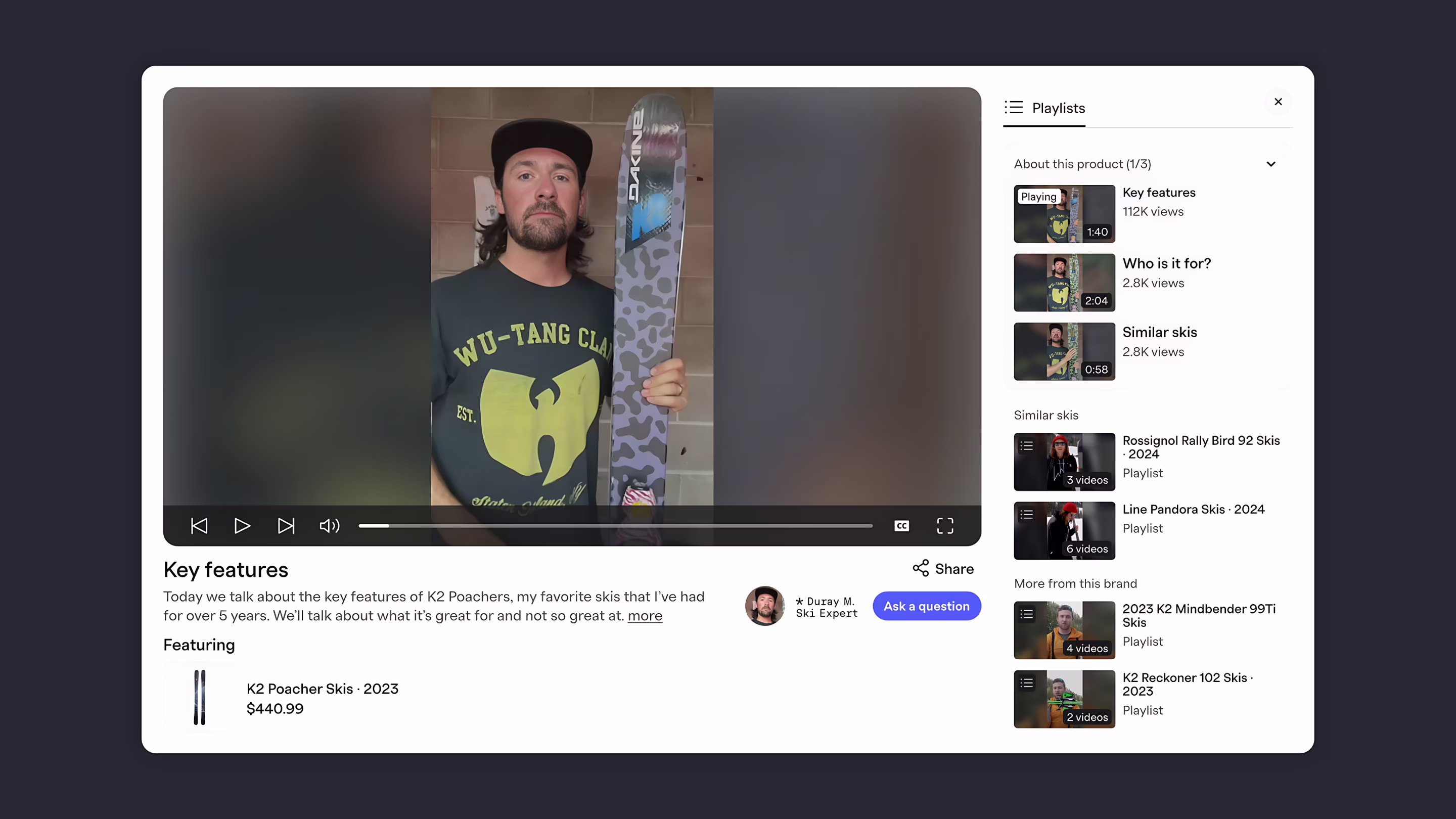 Expert video playlist with product featuring