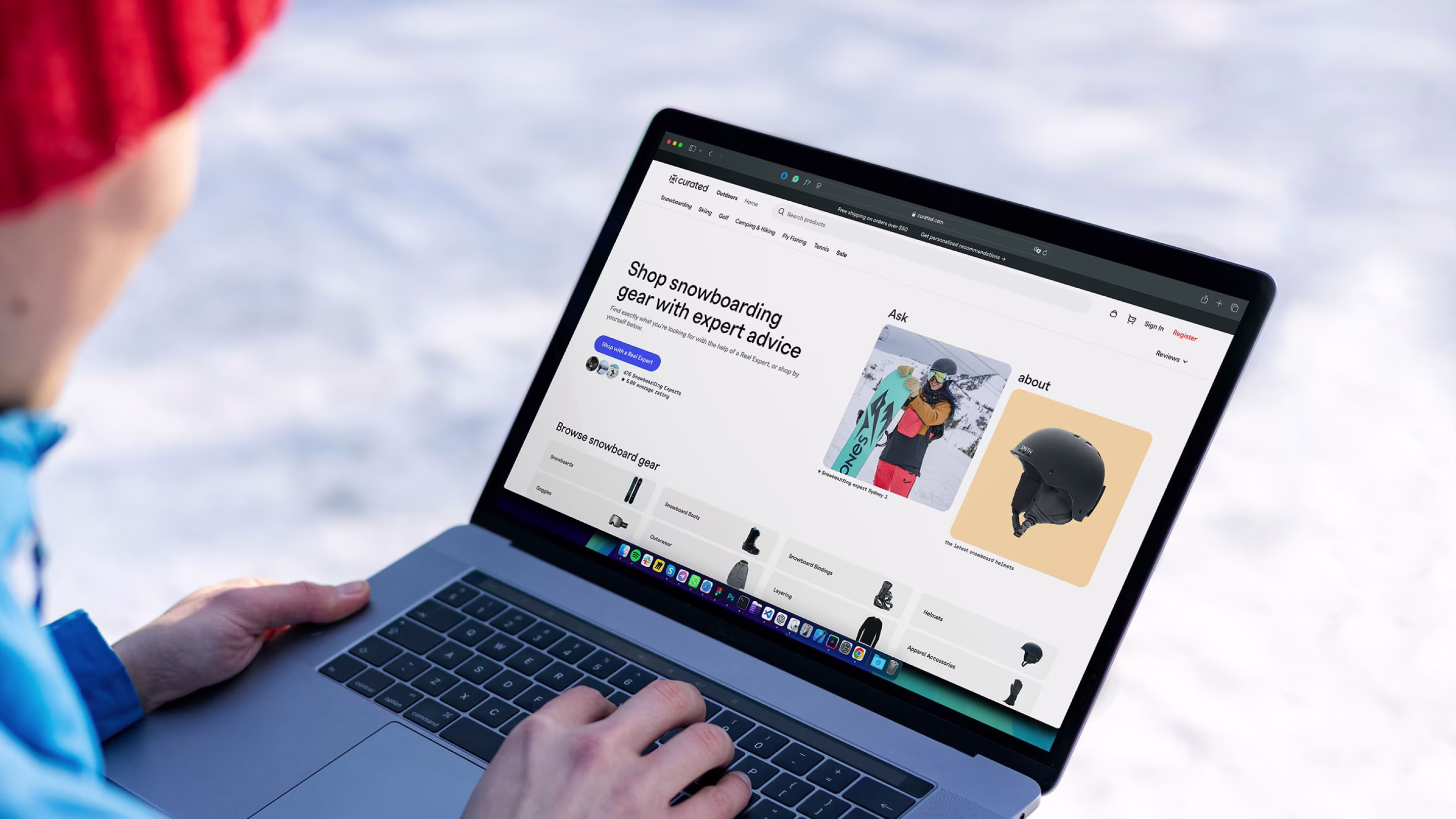 Curated snowboarding category page on laptop