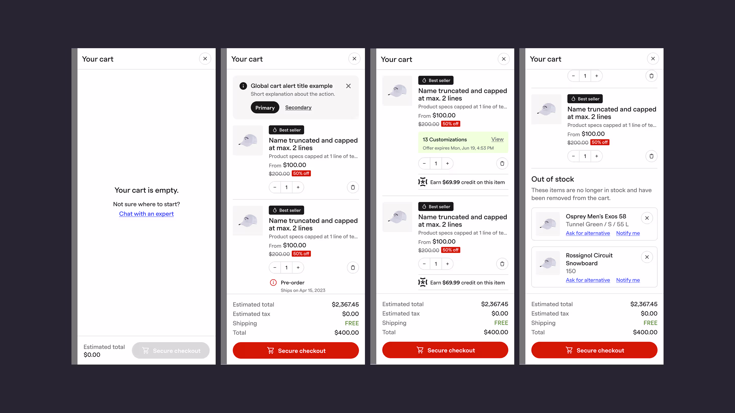 Curated mobile cart states: empty cart with expert chat, active cart with pre-order and customizations, and out-of-stock alternatives