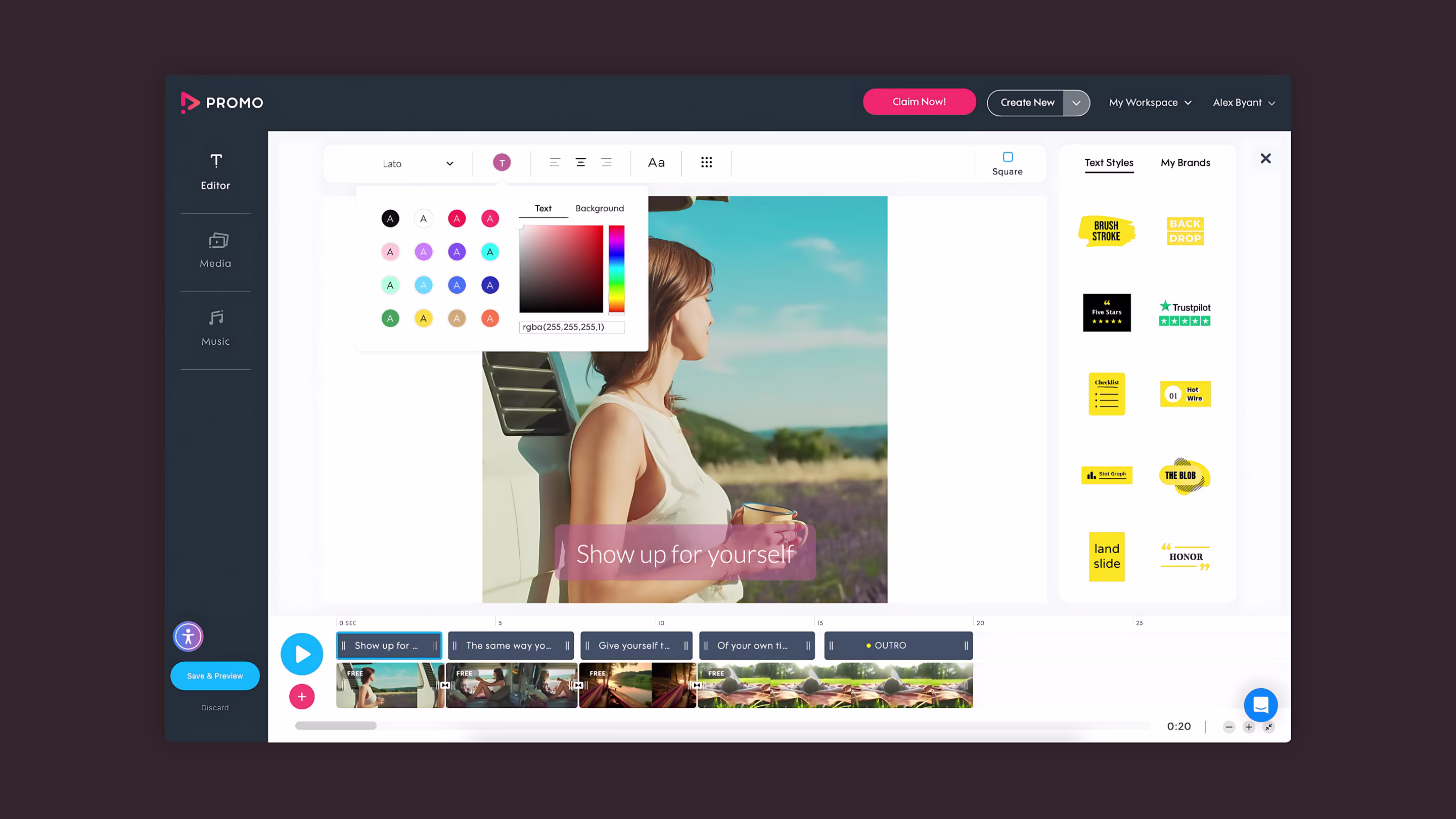 Desktop editor with text color picker and timeline