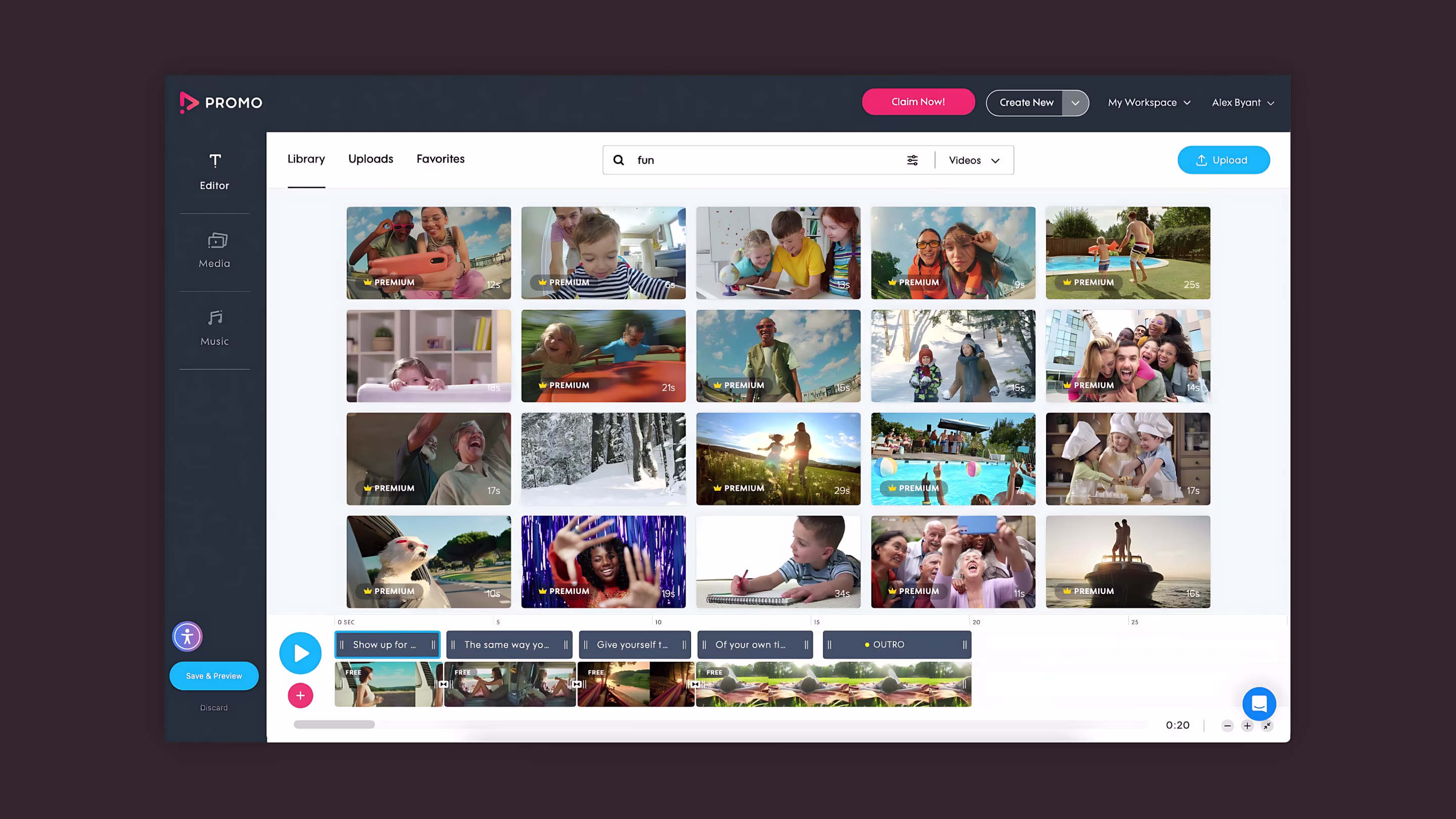 Media library with stock video search and premium clips
