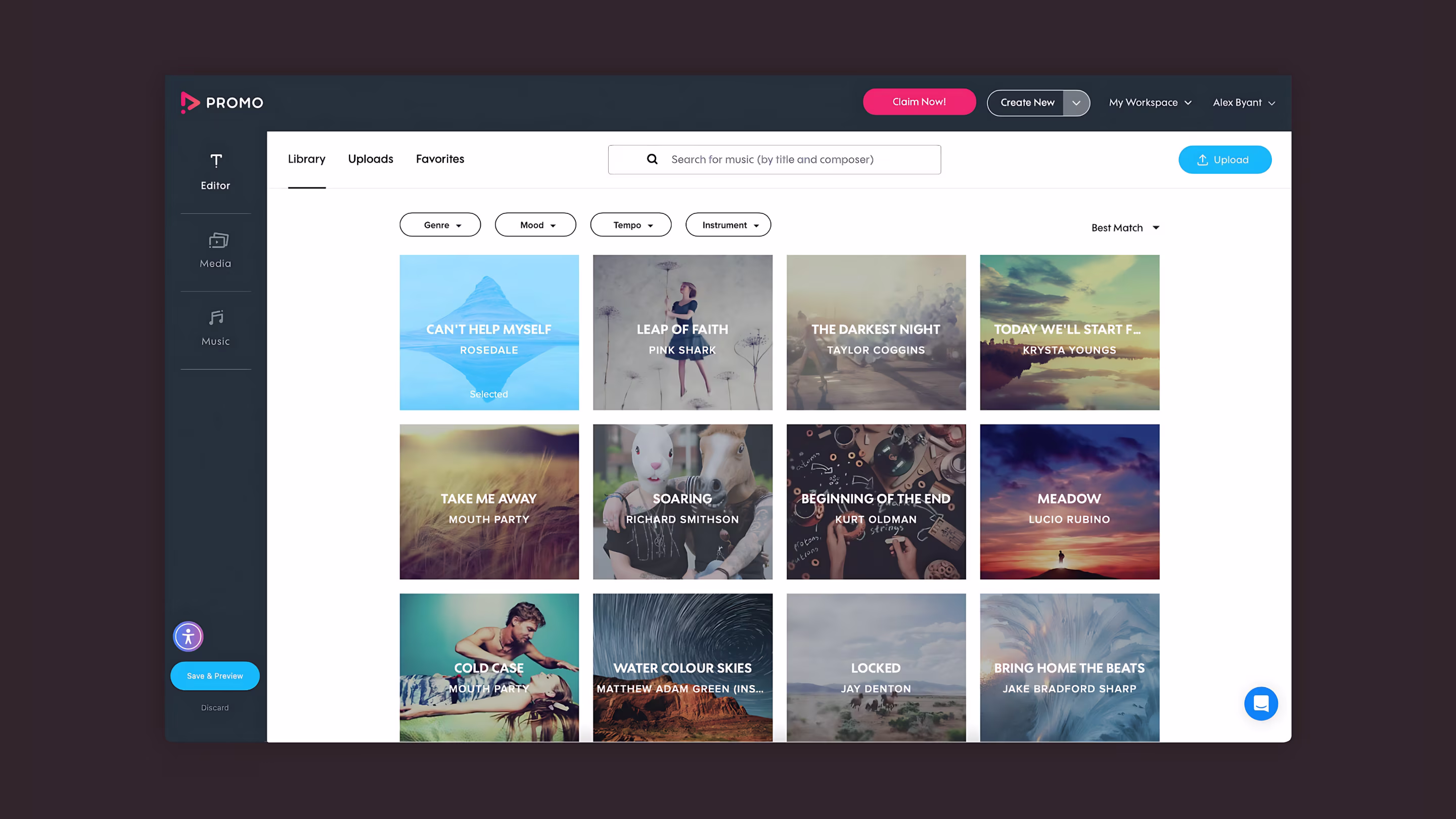 Desktop music library with genre and mood filters