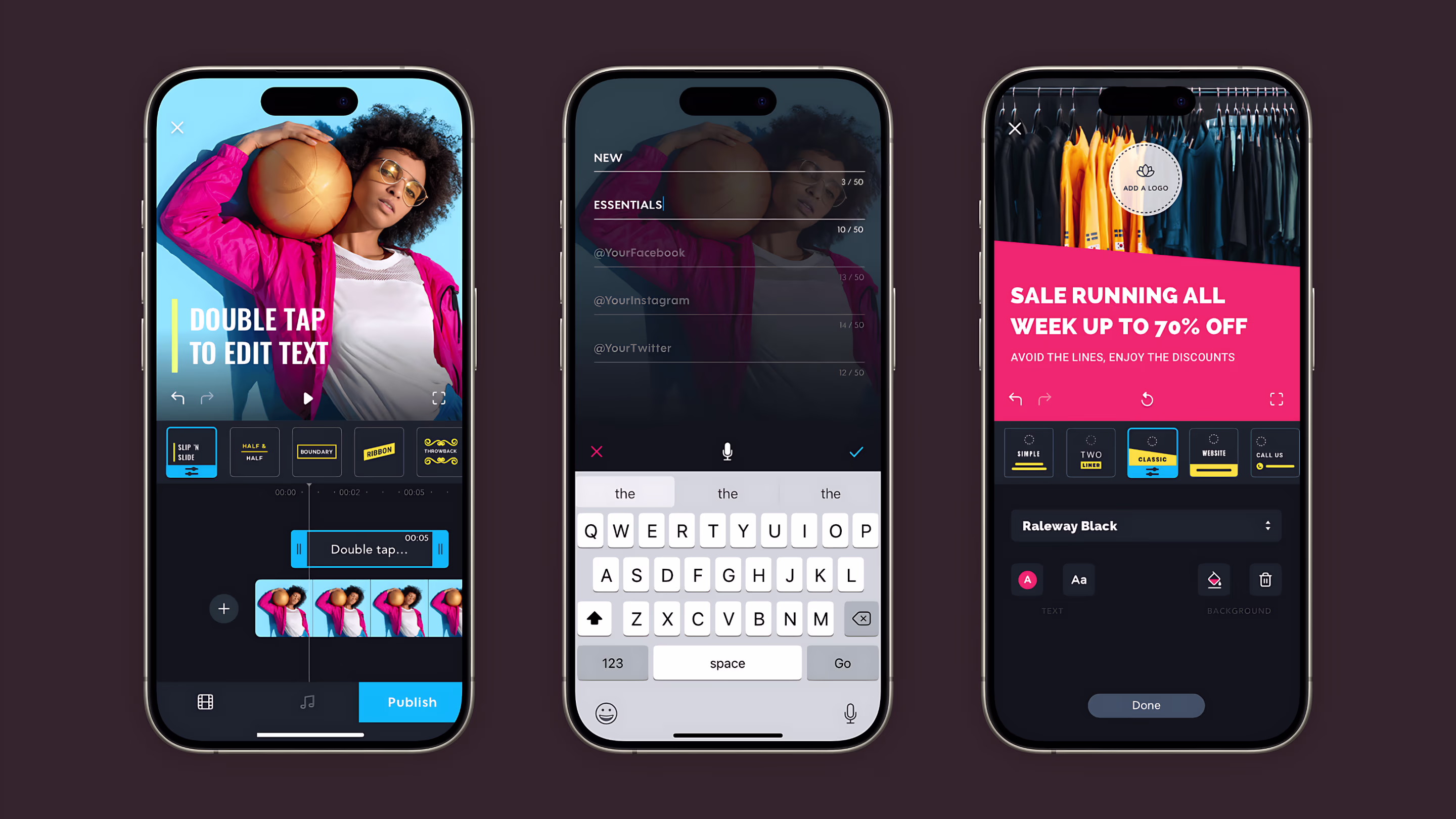 Mobile text editing, social handles, and sale template with logo