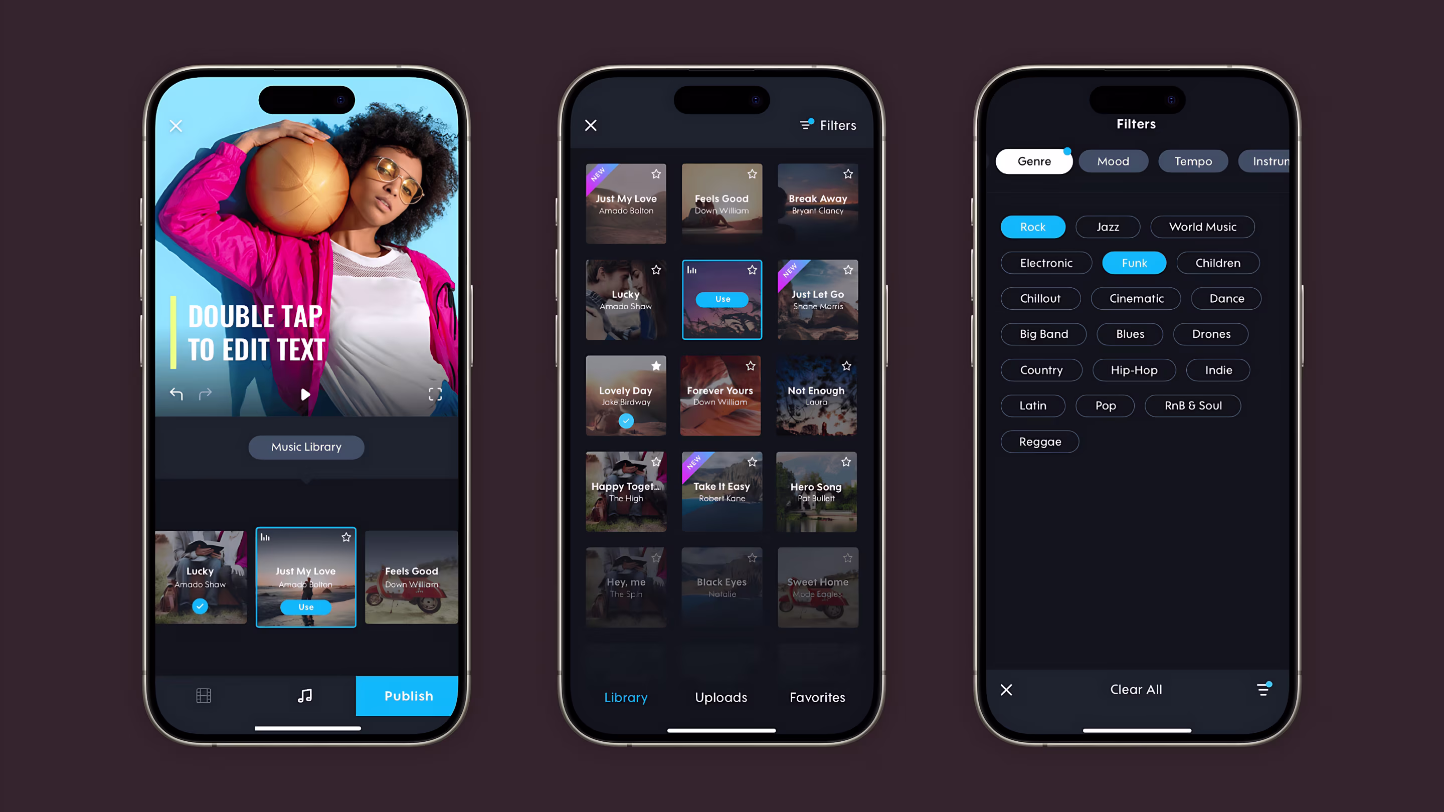 Mobile music carousel, library grid, and genre filters