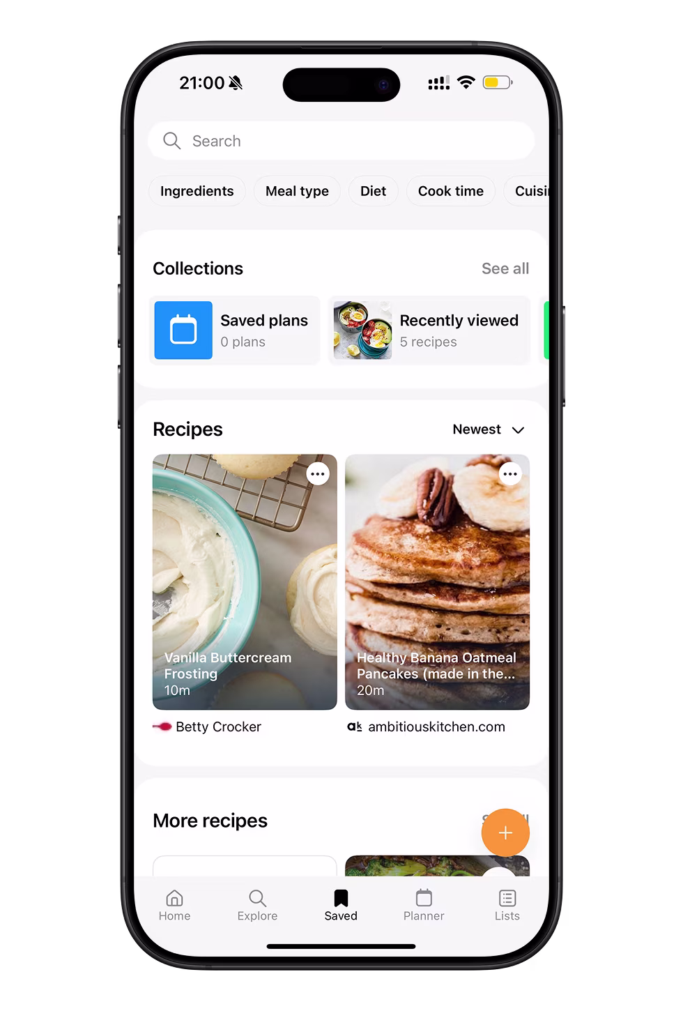 Saved tab with filter chips and recipe collections