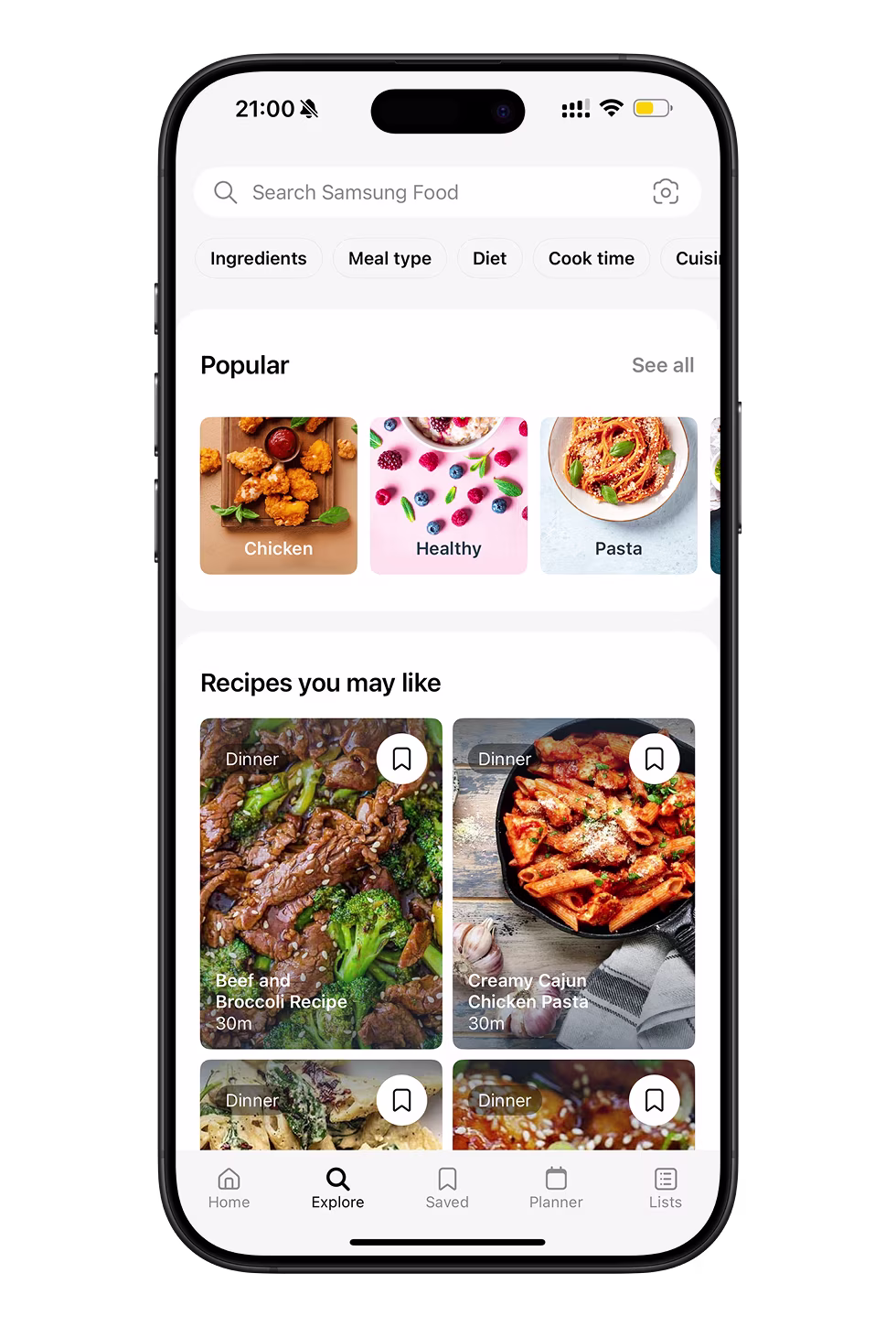 Explore tab with Popular categories and recipe recommendations