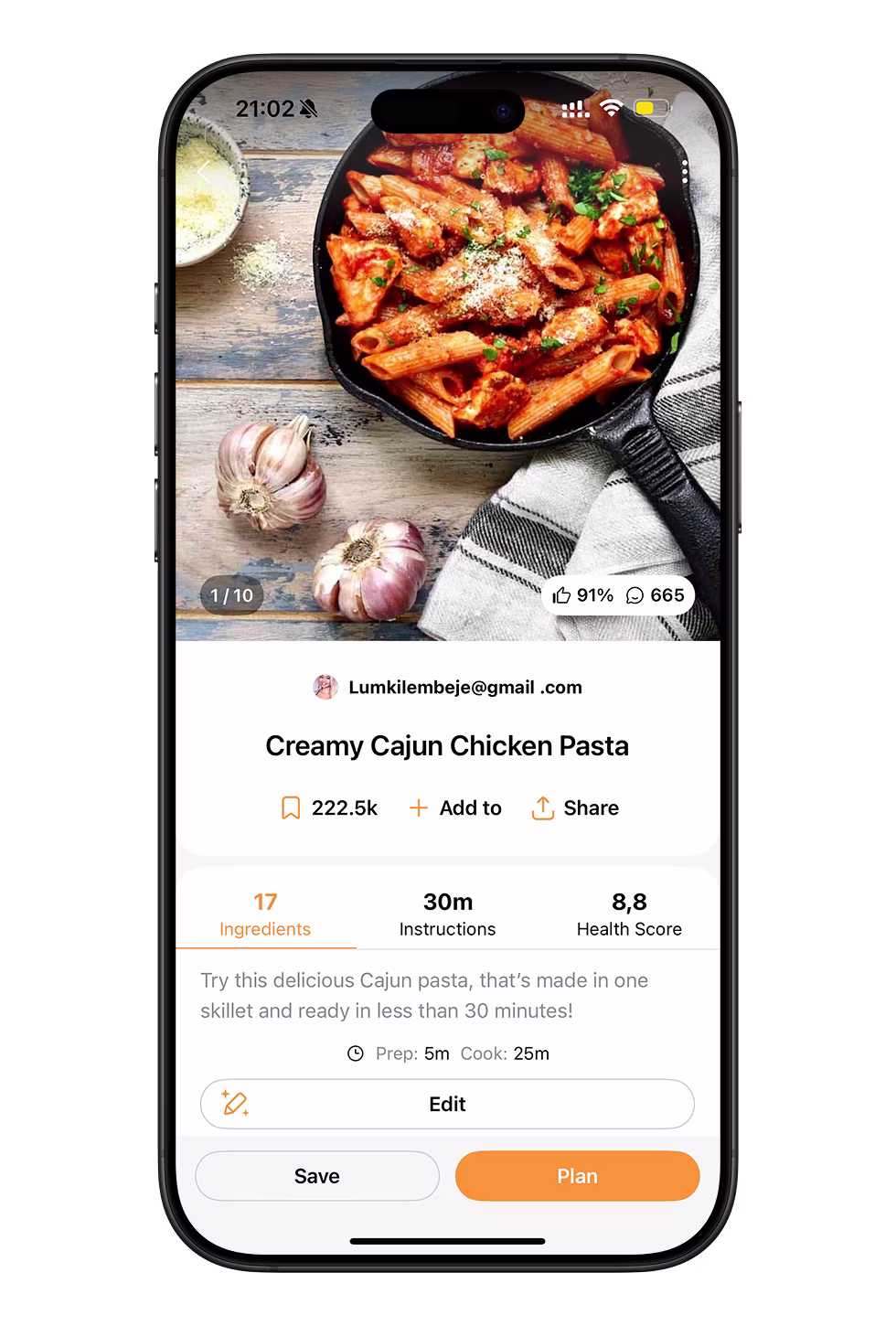 Recipe detail with ingredients, instructions, and Plan action