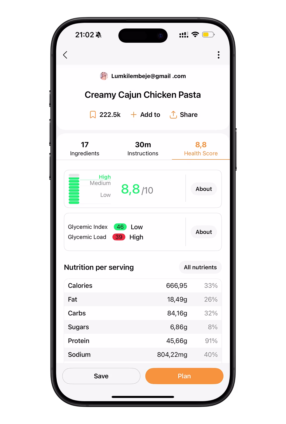 Health score and nutrition breakdown per serving