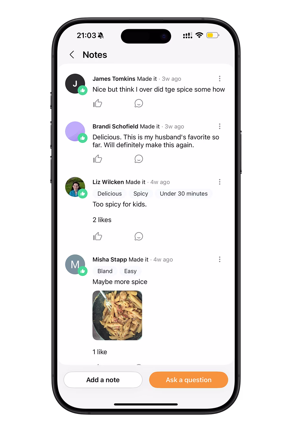 Recipe notes from cooks who made the dish