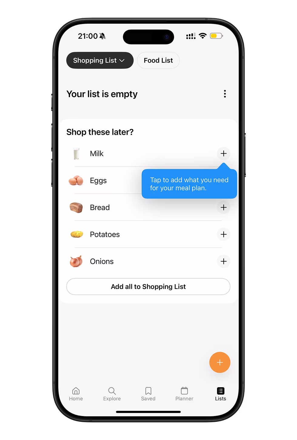 Shopping list with meal plan ingredient suggestions