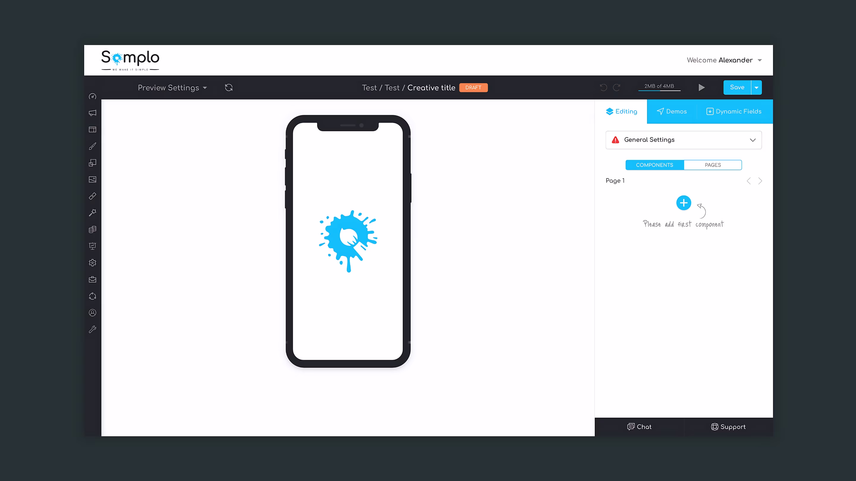 Creative Studio empty state prompting first component