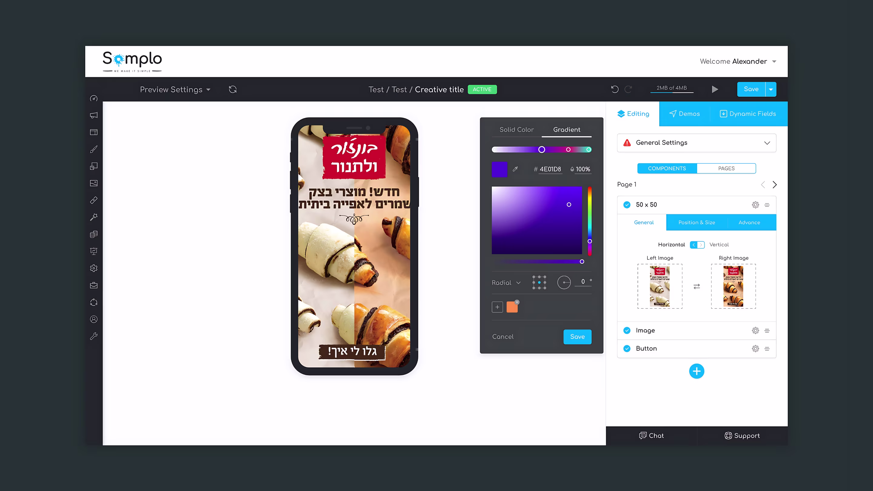 Creative Studio editing mobile ad with gradient picker and components