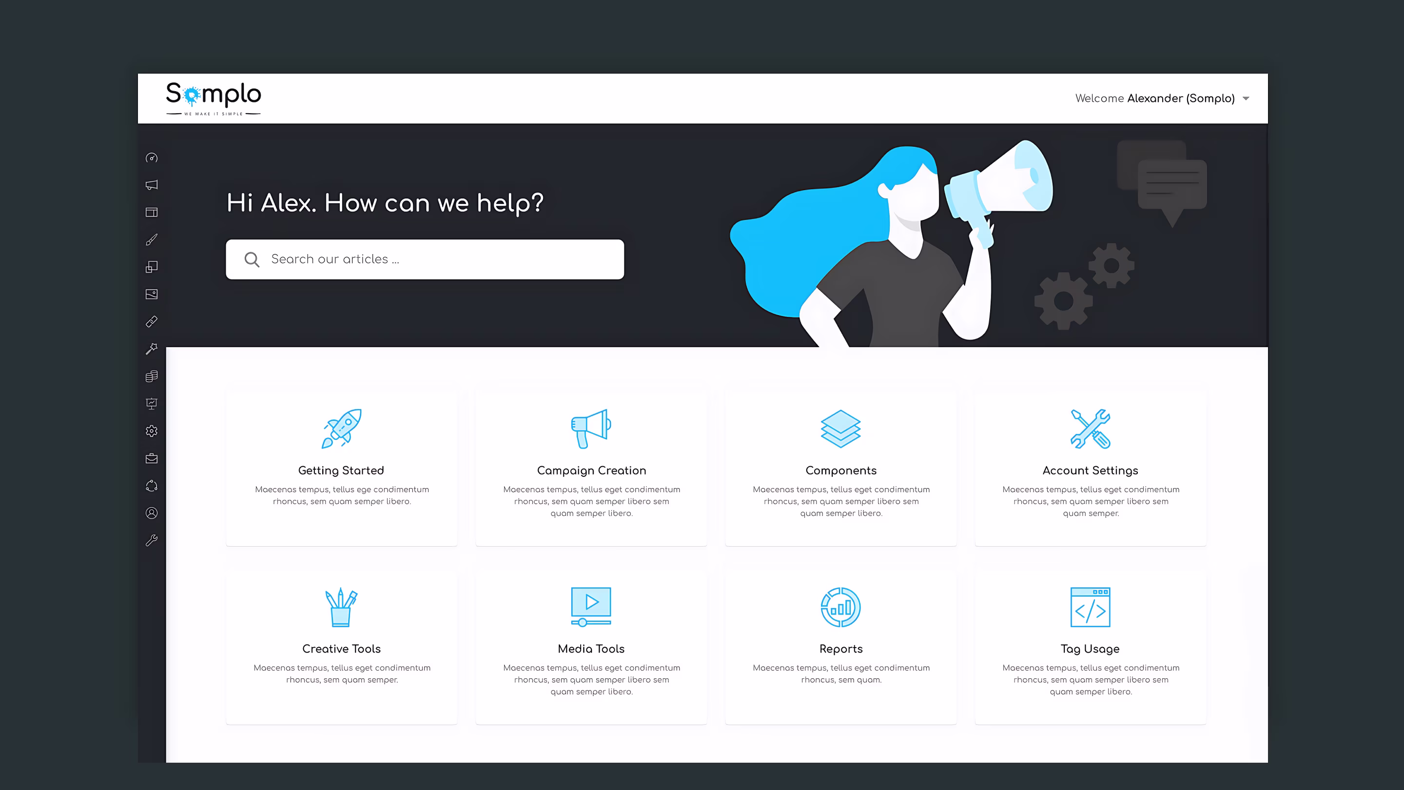 Help center with search and categorized articles