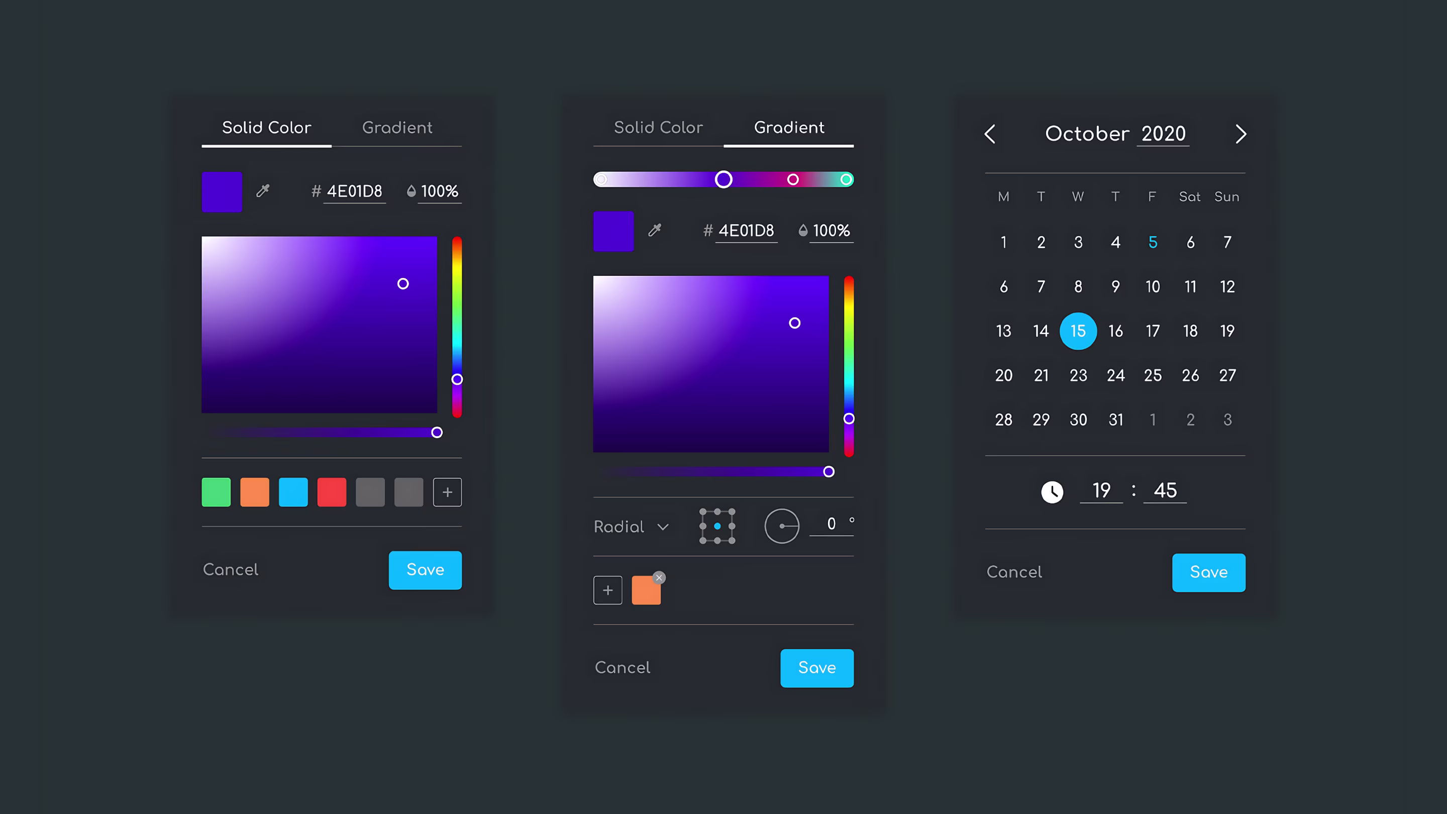 Color picker, gradient editor, and date-time selector components
