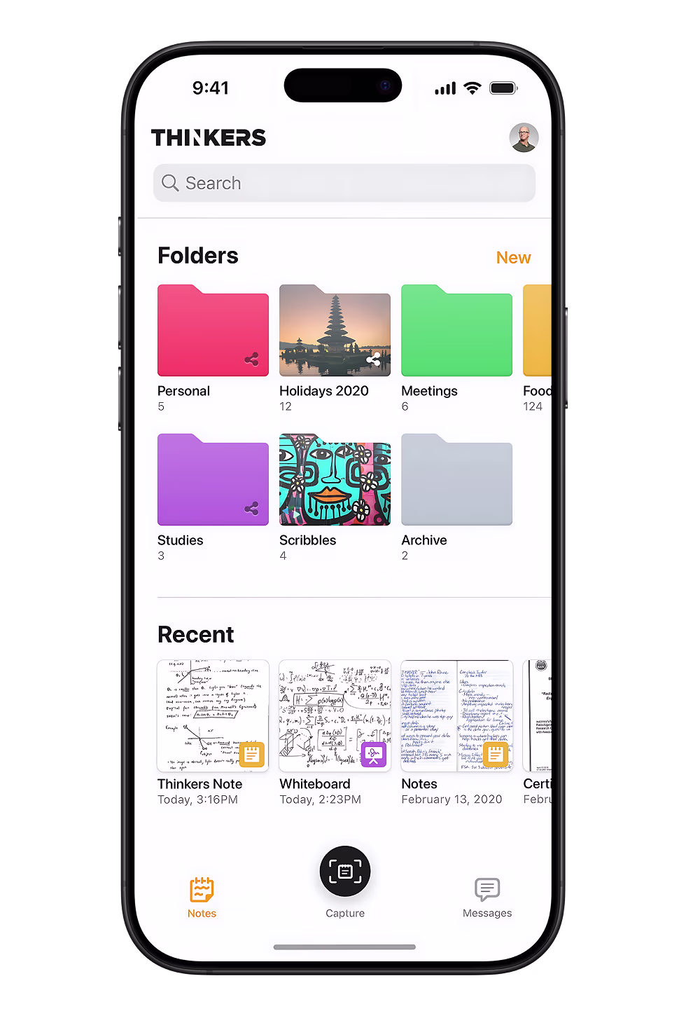 Home screen with folders grid and recent captures