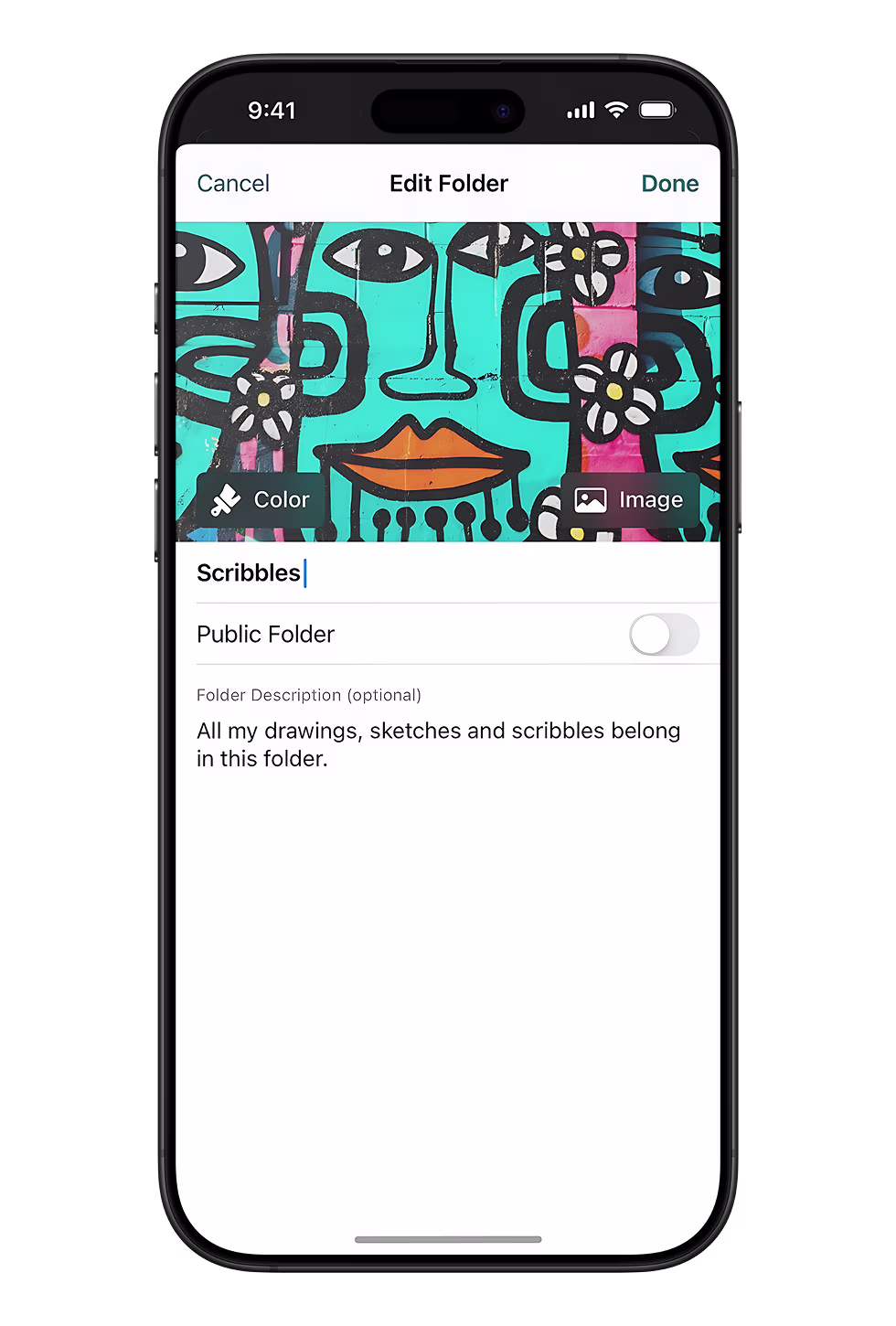 Edit folder with custom cover and description