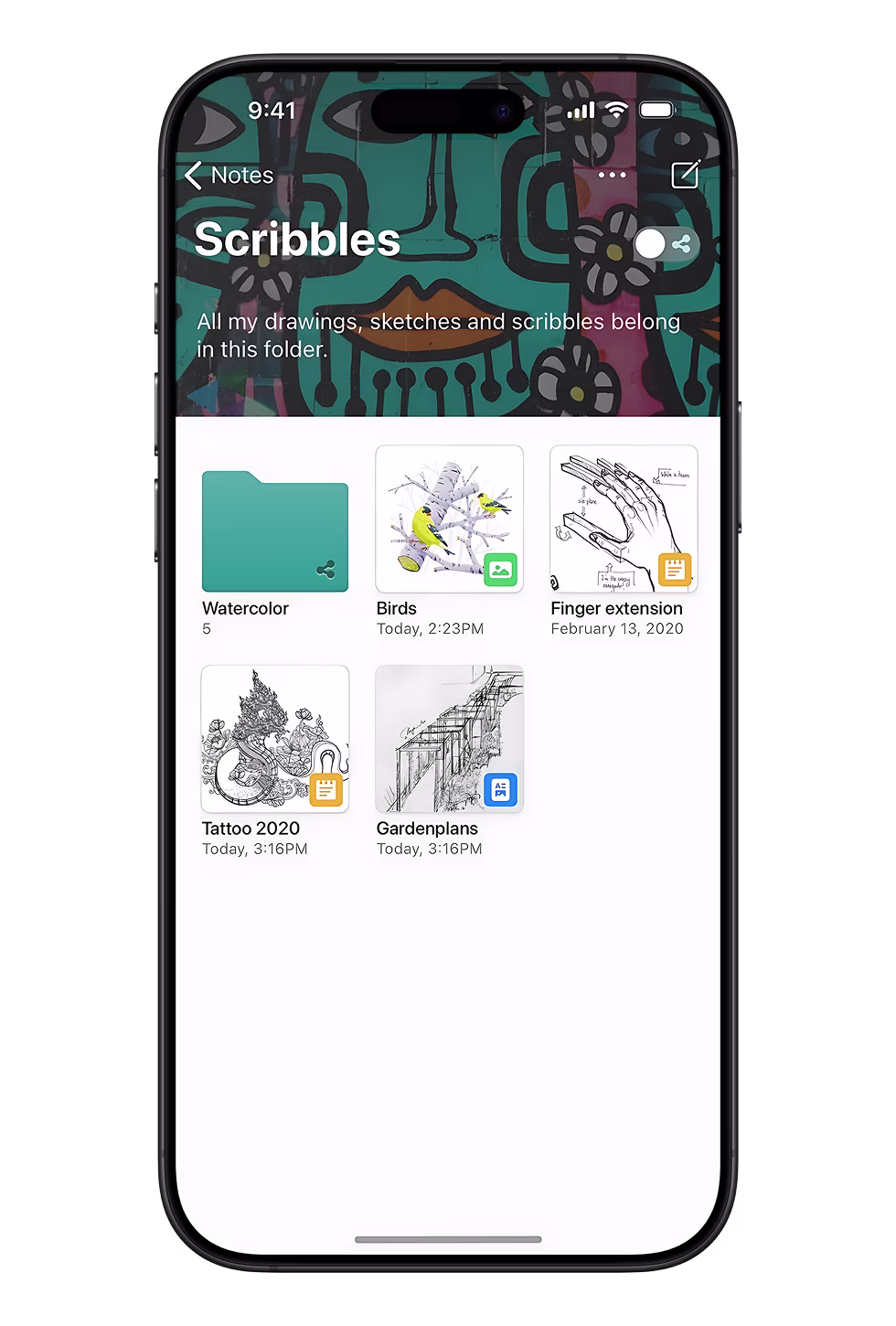 Scribbles folder with photos, notes, and sketches