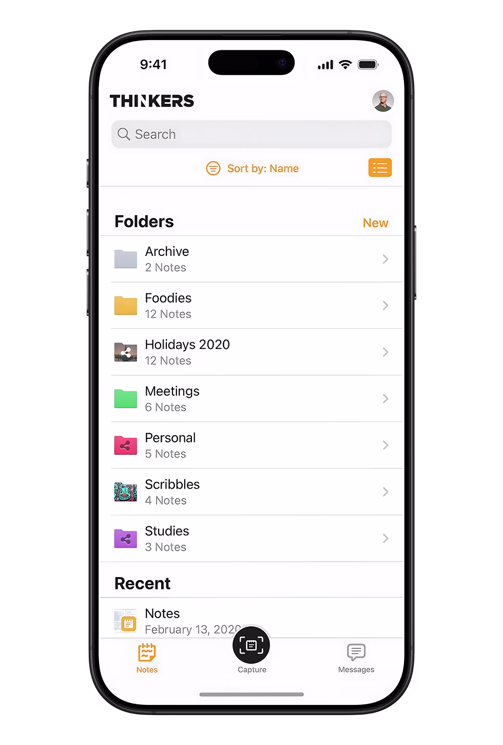 Folder list view with sort and sharing